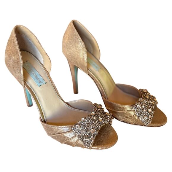 Blue by Betsey Johnson Rhinestone Bowtie Champagne Stiletto Heels size 9 - Picture 14 of 15